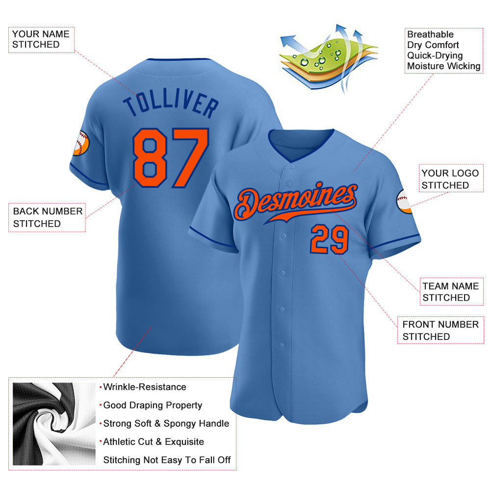 Custom Light Blue Orange-Royal Authentic Baseball Jersey view 3