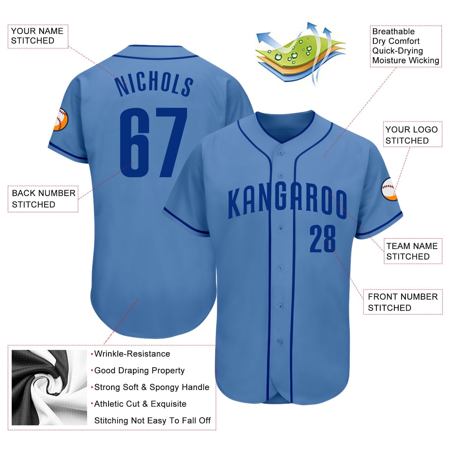 Custom Light Blue Royal Authentic Baseball Jersey view 3