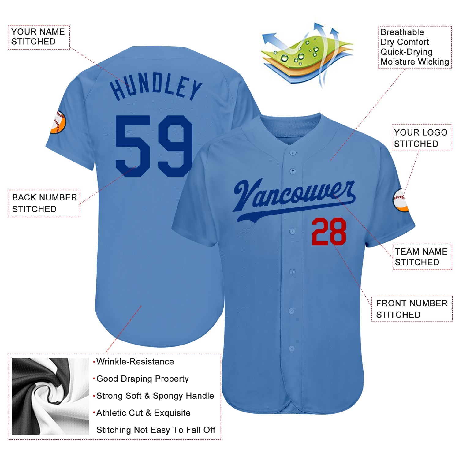Custom Light Blue Royal-Red Authentic Baseball Jersey view 3
