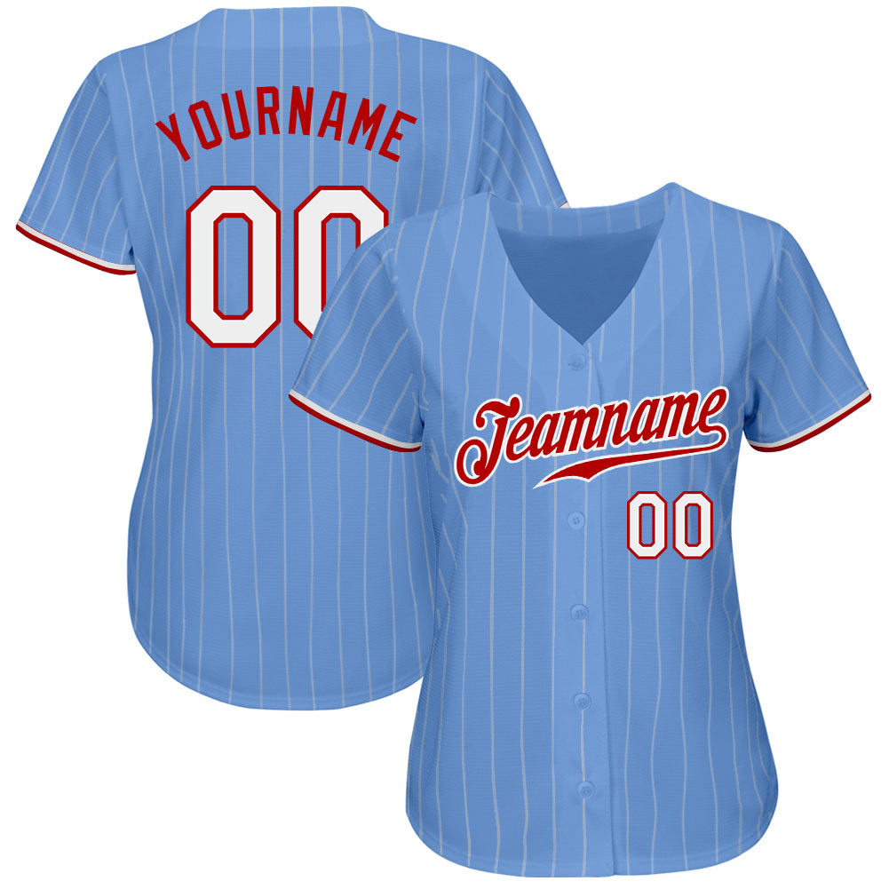 Custom Light Blue White Pinstripe White-Red Authentic Baseball Jersey view 2