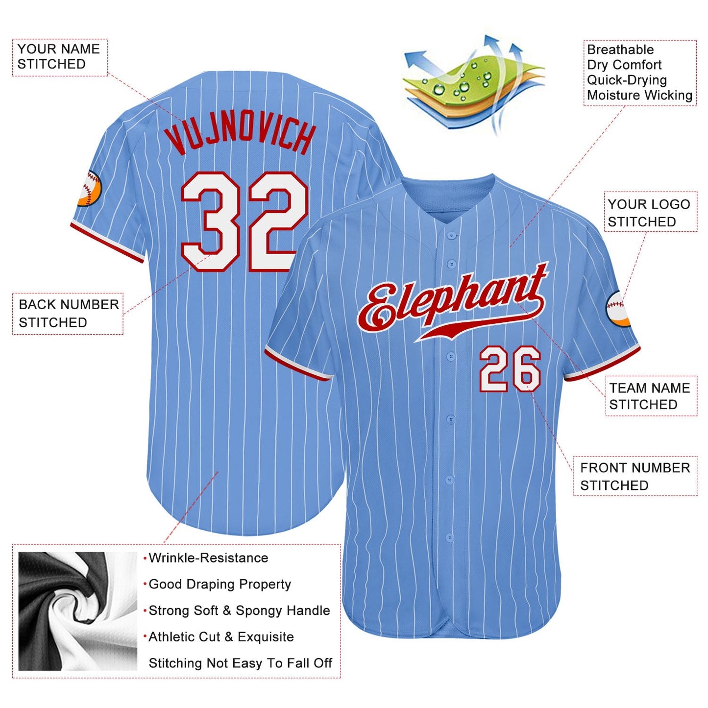 Custom Light Blue White Pinstripe White-Red Authentic Baseball Jersey view 3