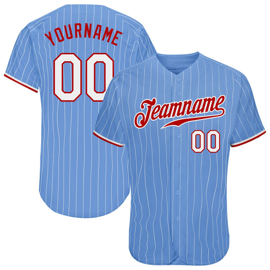 Custom Light Blue White Pinstripe White-Red Authentic Baseball Jersey - Main View