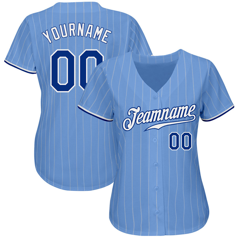 Custom Light Blue White Pinstripe Royal-White Authentic Baseball Jersey view 2