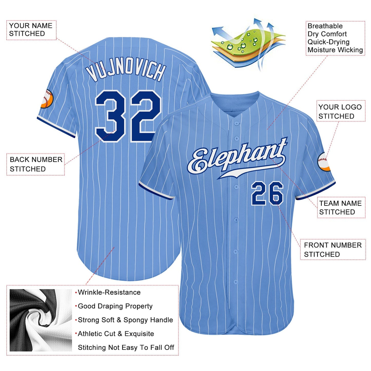 Custom Light Blue White Pinstripe Royal-White Authentic Baseball Jersey view 3