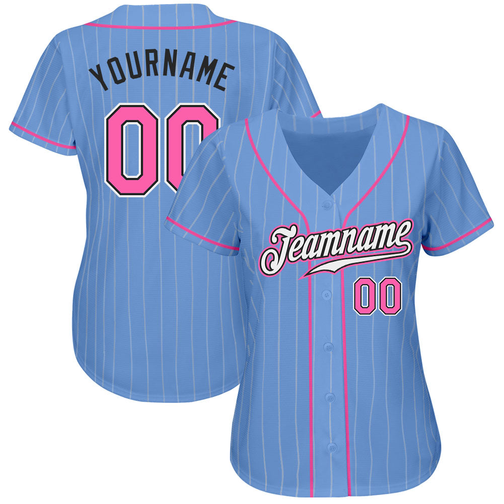 Custom Light Blue White Pinstripe Pink-Black Authentic Baseball Jersey view 2