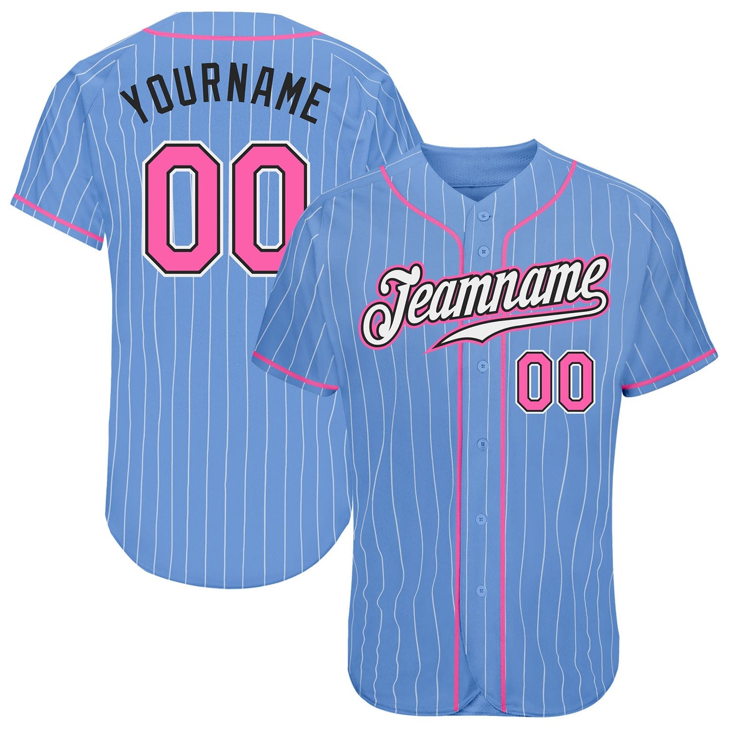 Custom Light Blue White Pinstripe Pink-Black Authentic Baseball Jersey - Main View