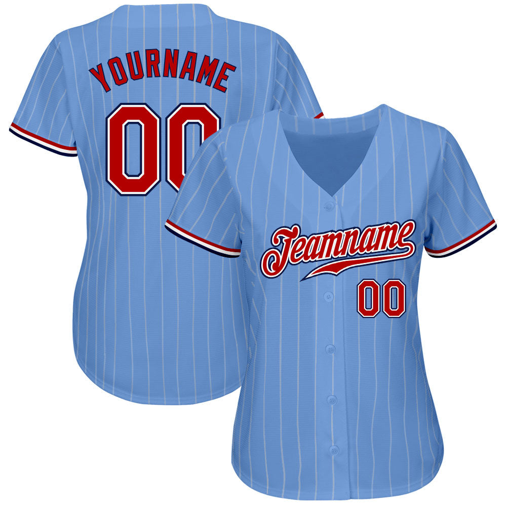 Custom Light Blue White Pinstripe Red-Navy Authentic Baseball Jersey view 2