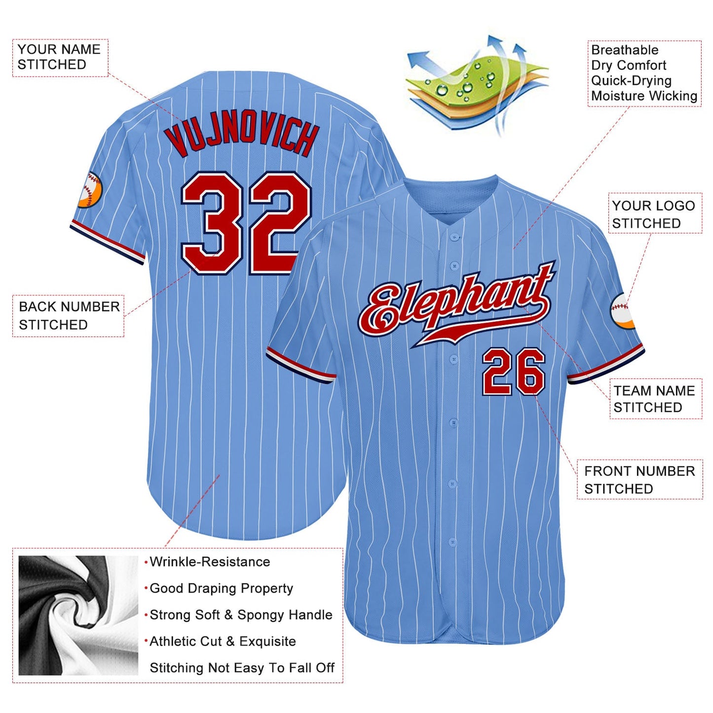 Custom Light Blue White Pinstripe Red-Navy Authentic Baseball Jersey view 3