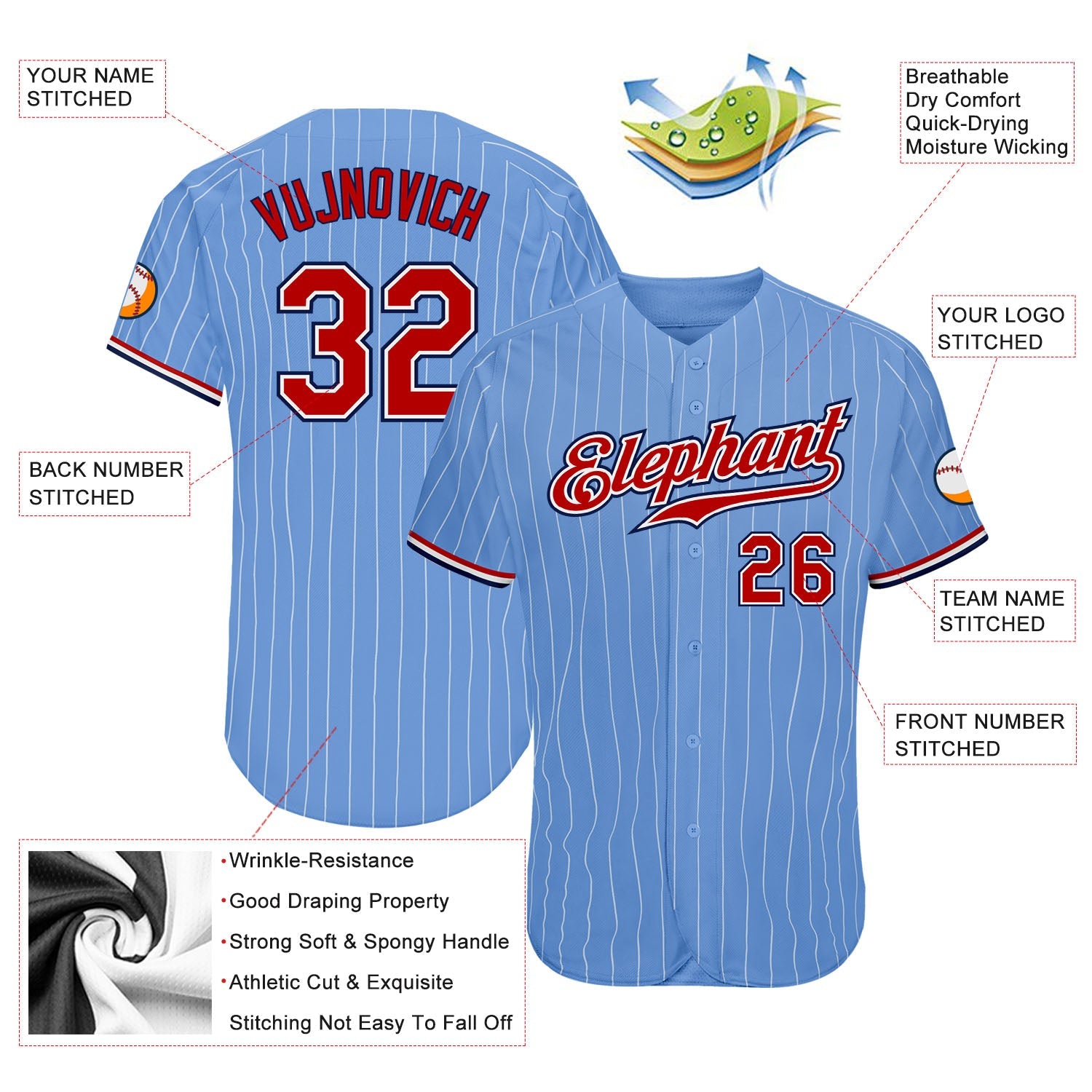 Custom Light Blue White Pinstripe Red-Navy Authentic Baseball Jersey view 3