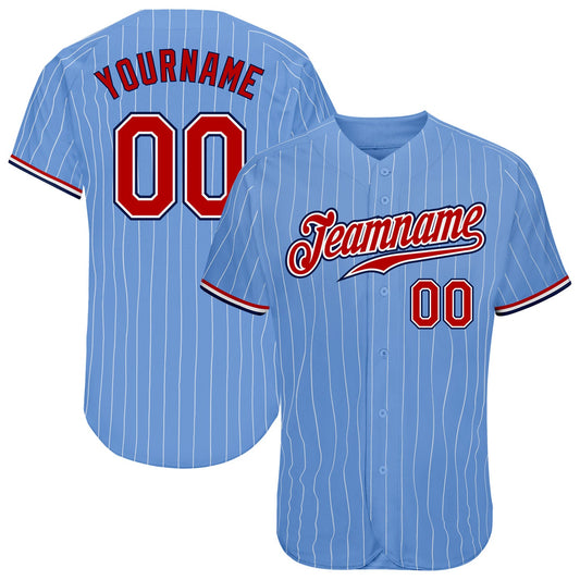 Custom Light Blue White Pinstripe Red-Navy Authentic Baseball Jersey - Main View