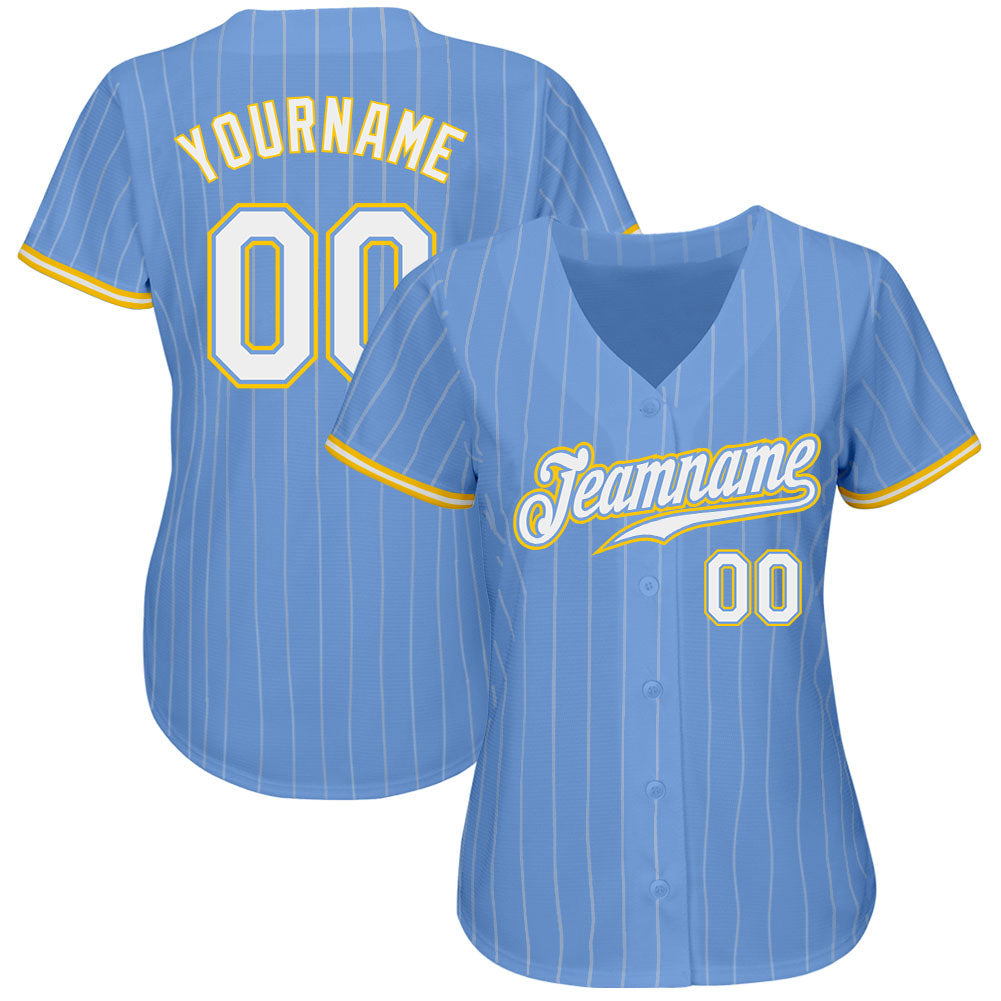 Custom Light Blue White Pinstripe White-Gold Authentic Baseball Jersey view 2