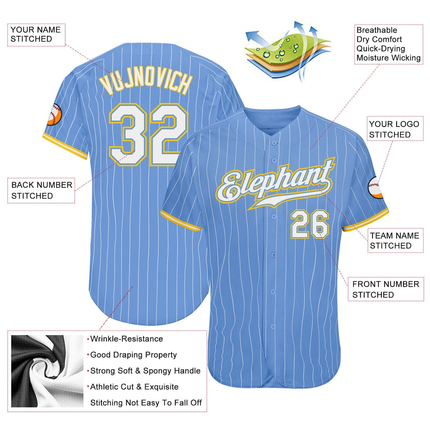 Custom Light Blue White Pinstripe White-Gold Authentic Baseball Jersey view 3