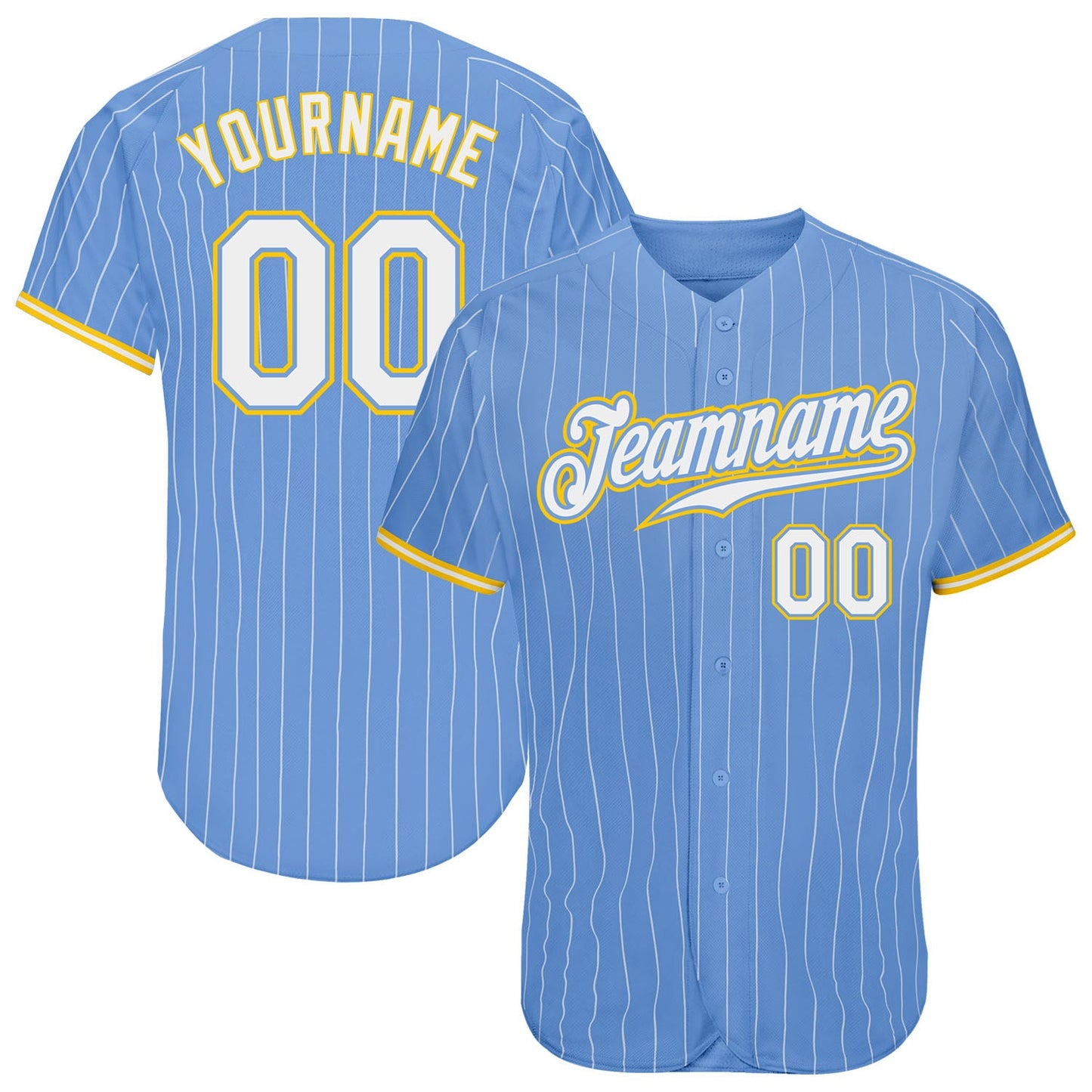 Custom Light Blue White Pinstripe White-Gold Authentic Baseball Jersey - Main View