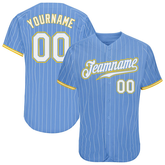 Custom Light Blue White Pinstripe White-Gold Authentic Baseball Jersey - Main View
