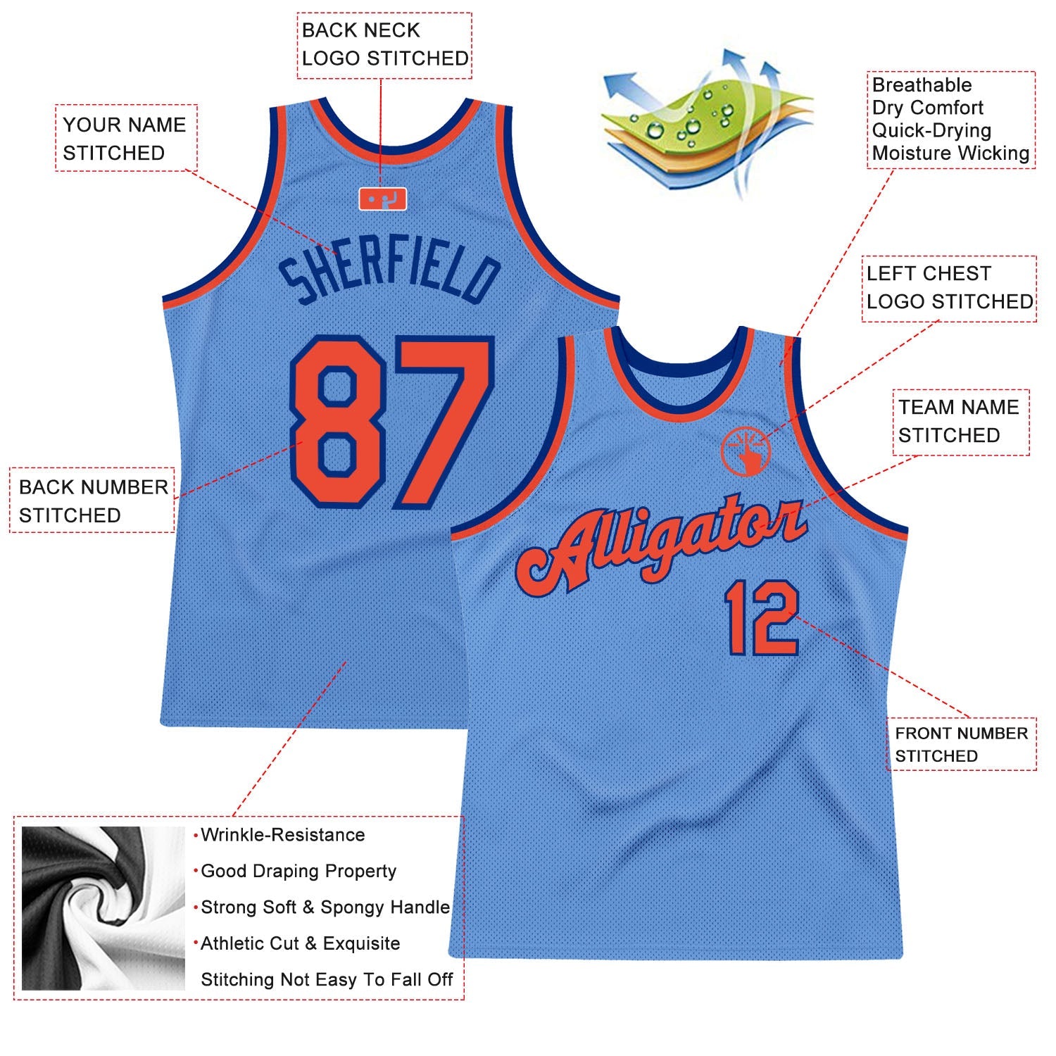 Custom Light Blue Orange-Royal Authentic Throwback Basketball Jersey view 2