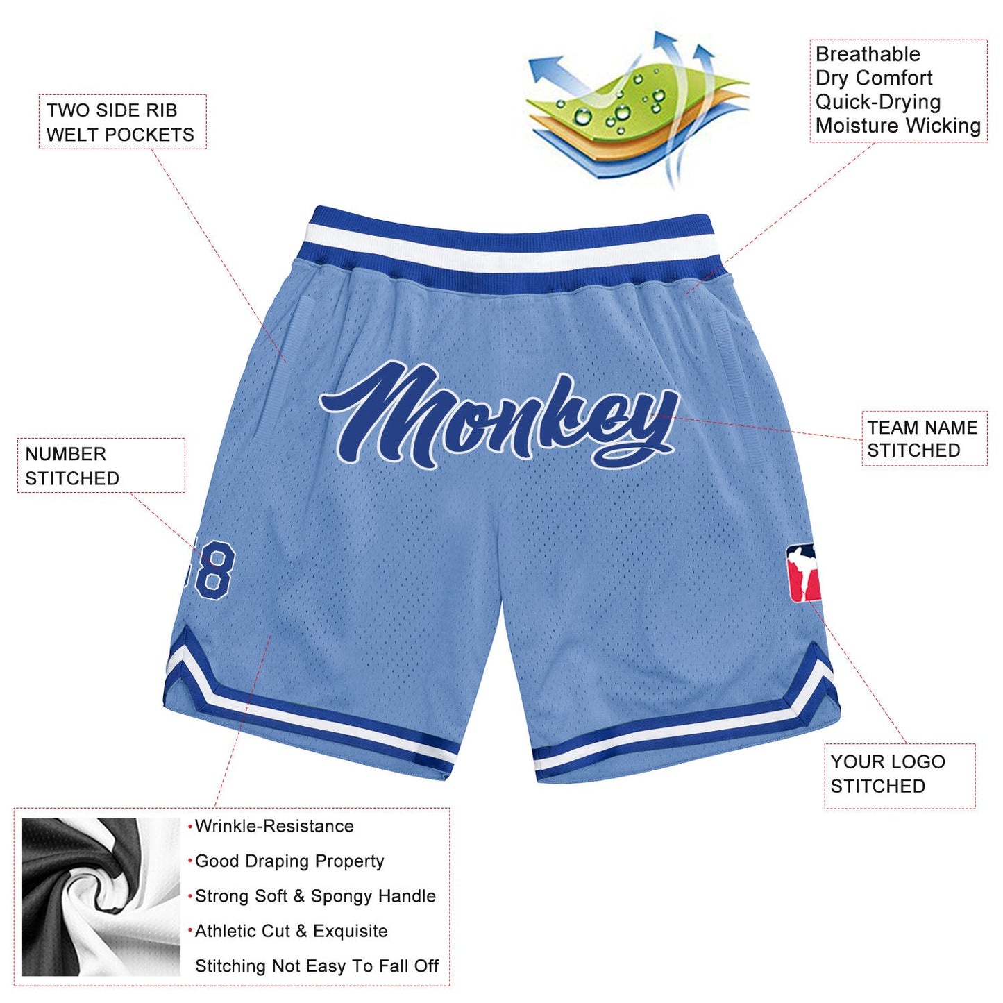 Custom Light Blue Royal-White Authentic Throwback Basketball Shorts view 2