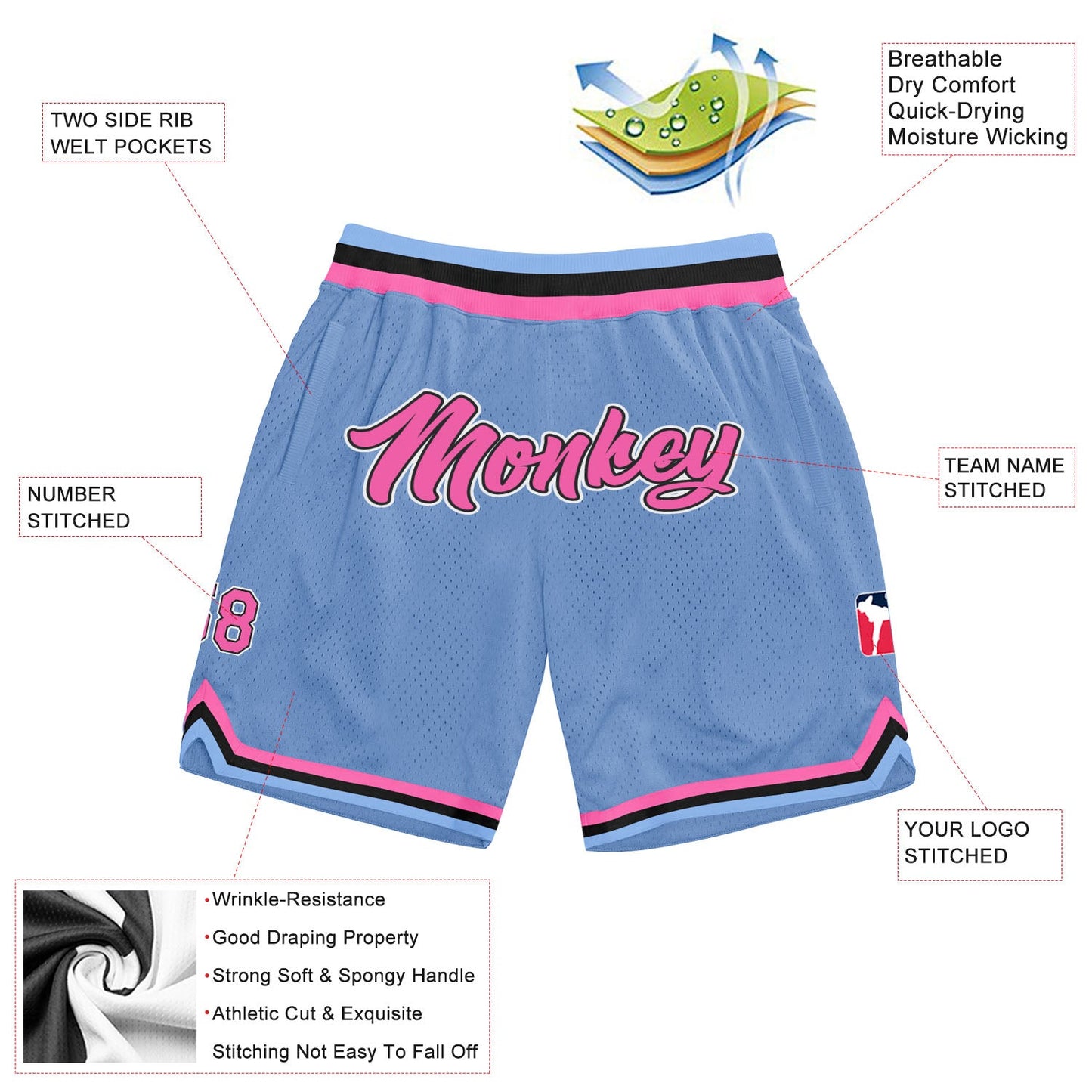 Custom Light Blue Pink-Black Authentic Throwback Basketball Shorts view 2