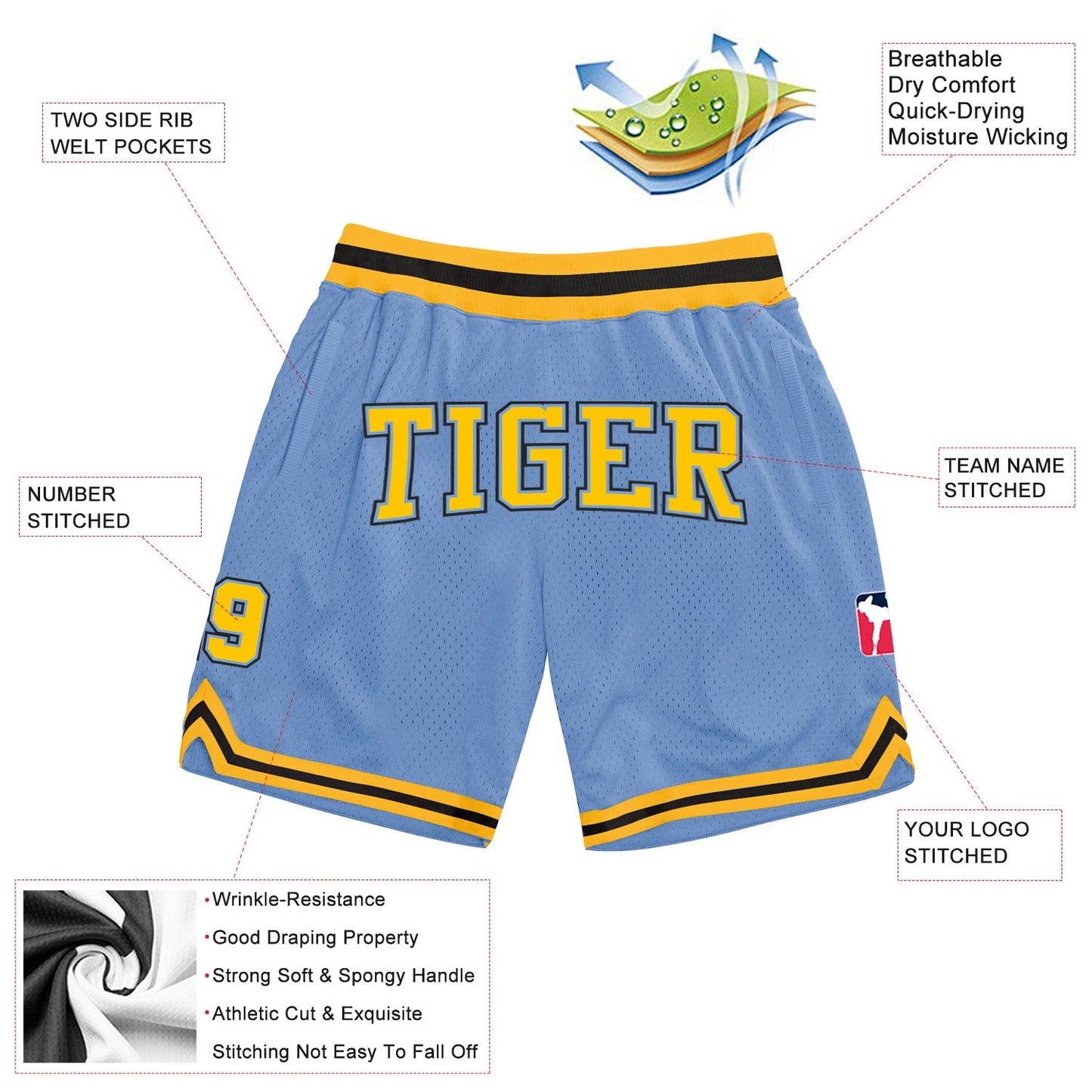 Custom Light Blue Gold-Black Authentic Throwback Basketball Shorts view 2