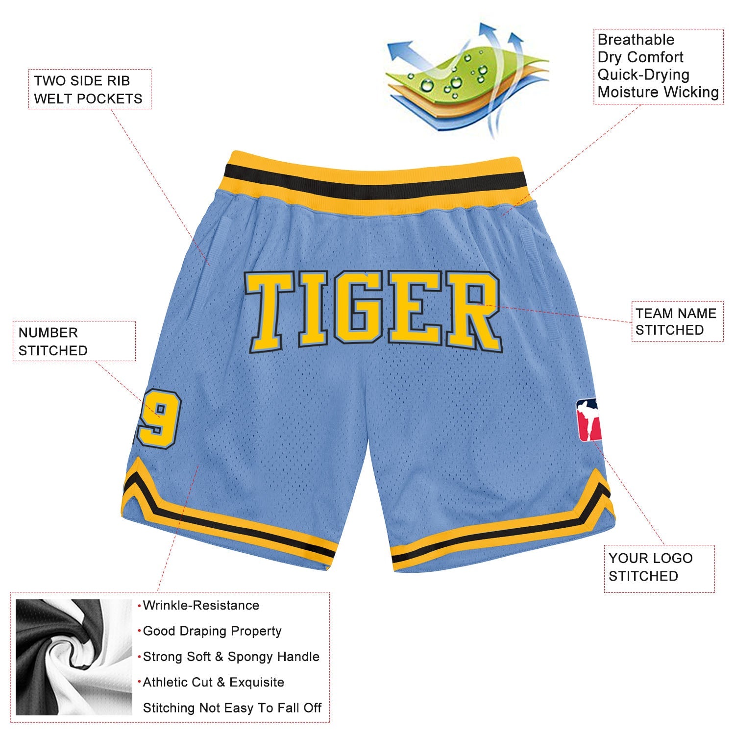 Custom Light Blue Gold-Black Authentic Throwback Basketball Shorts view 2