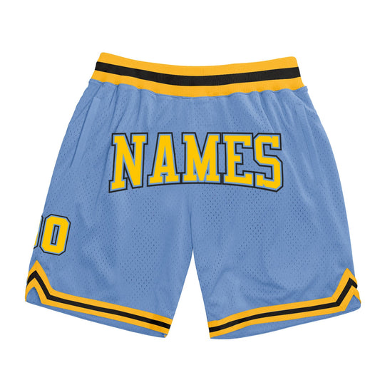Custom Light Blue Gold-Black Authentic Throwback Basketball Shorts - Main View