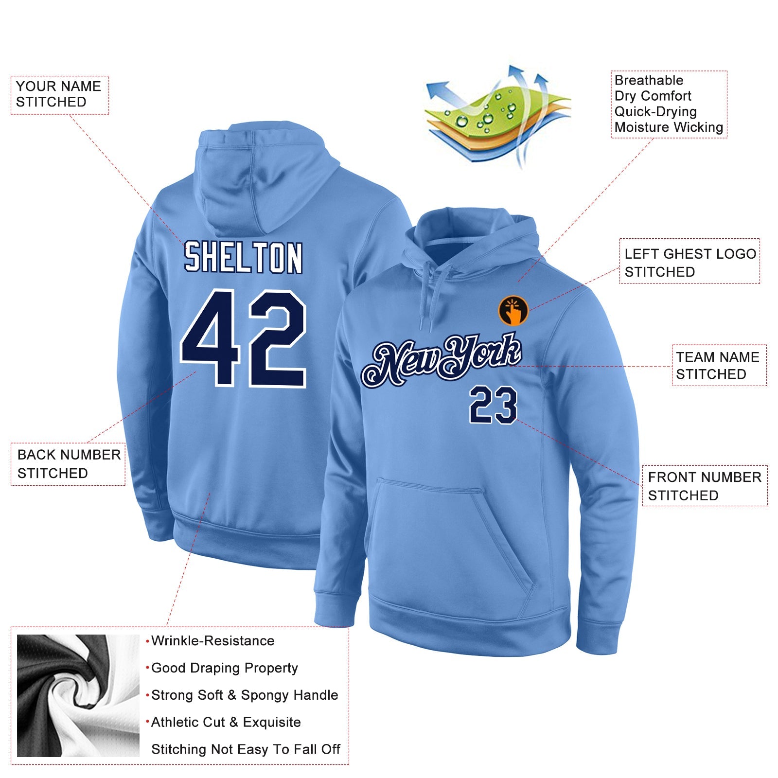 Custom Stitched Light Blue Navy-White Sports Pullover Sweatshirt Hoodie view 4