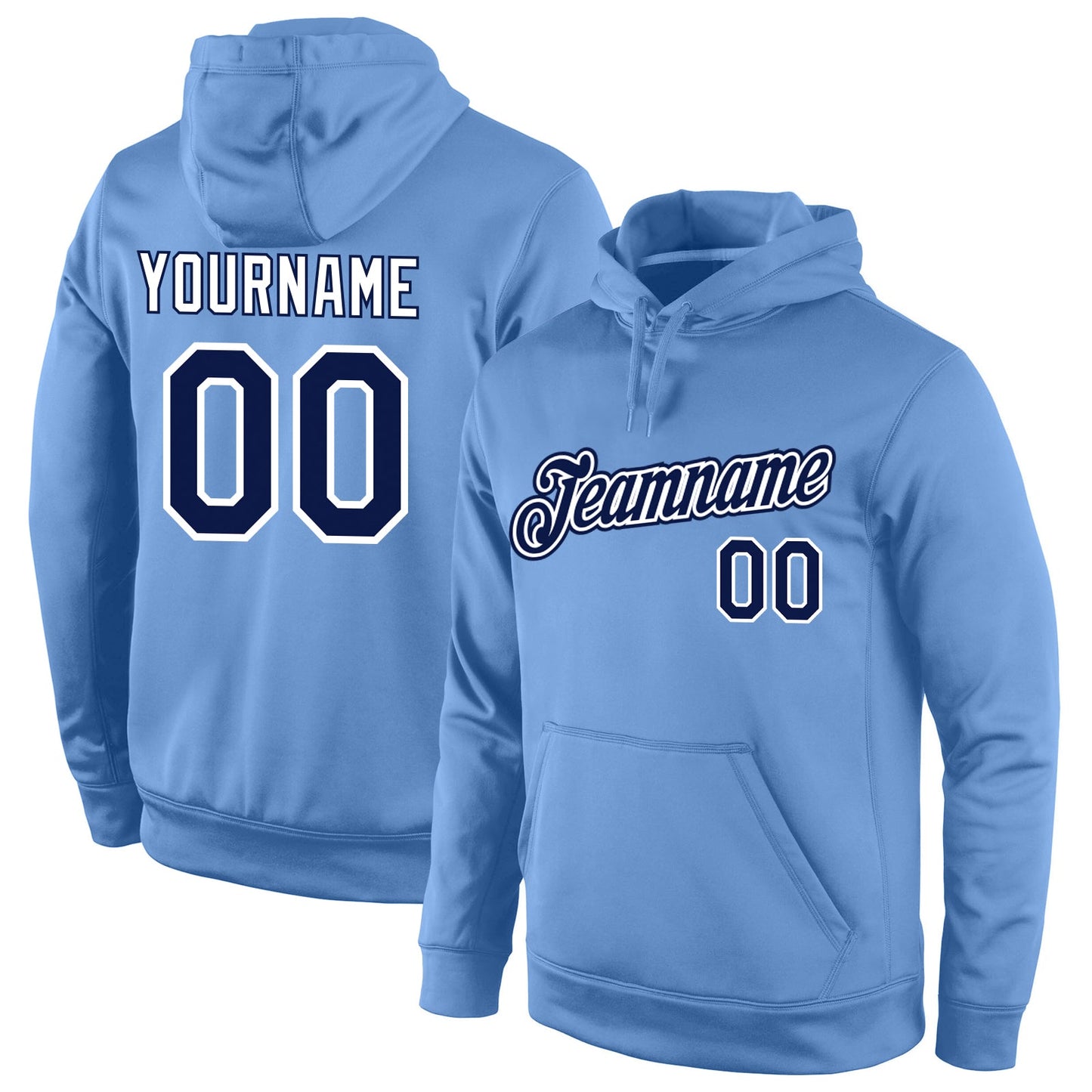 Custom Stitched Light Blue Navy-White Sports Pullover Sweatshirt Hoodie - Main View