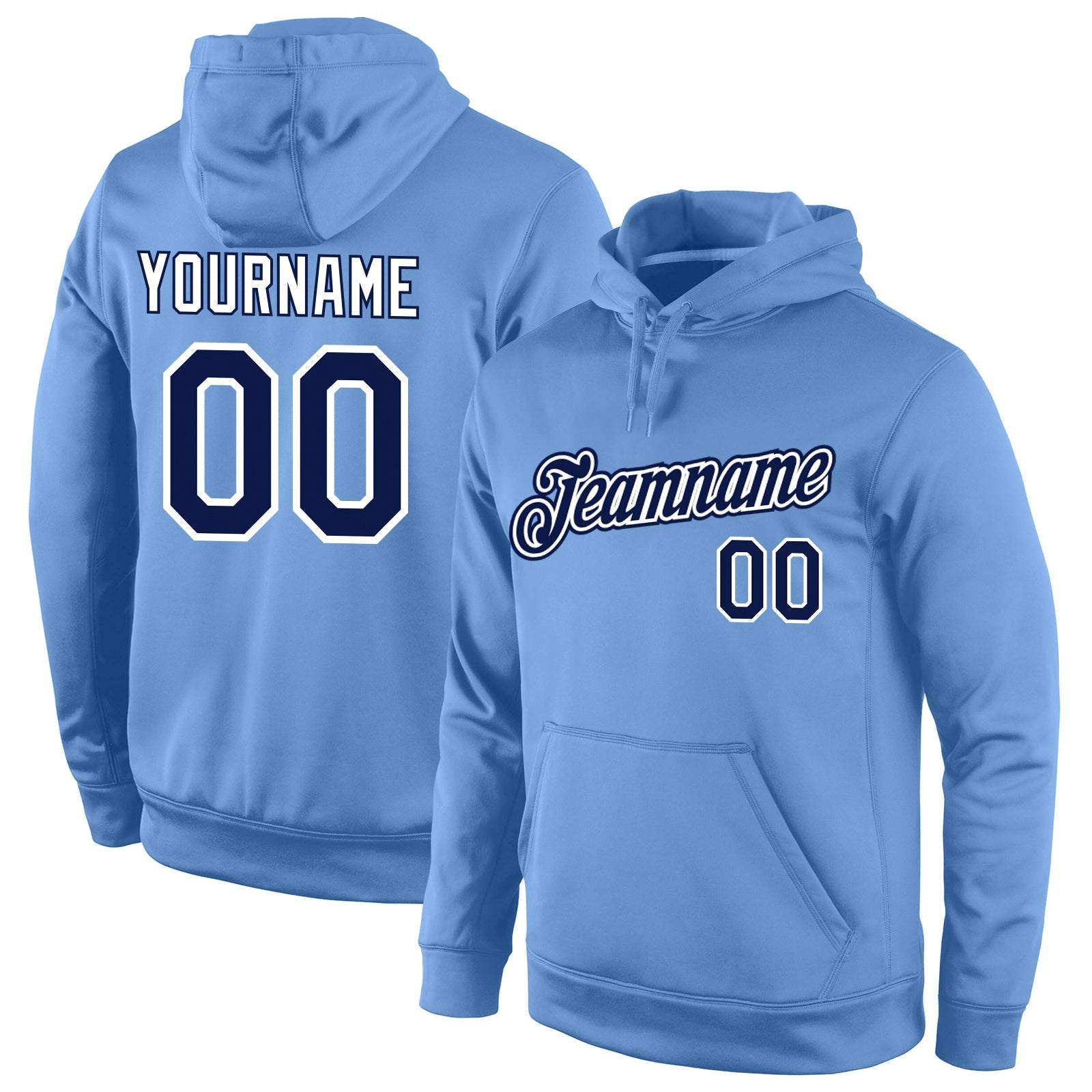 Custom Stitched Light Blue Navy-White Sports Pullover Sweatshirt Hoodie - Main View