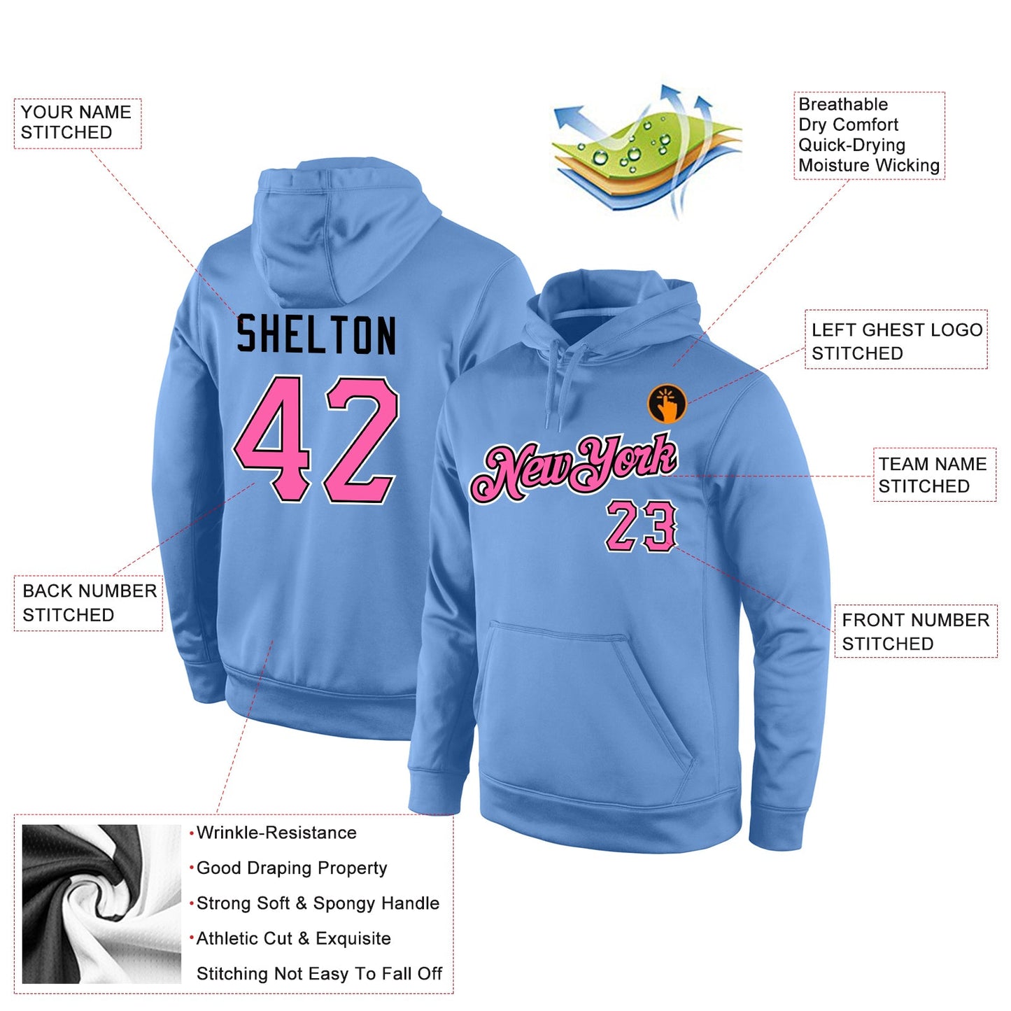 Custom Stitched Light Blue Pink-Black Sports Pullover Sweatshirt Hoodie view 4