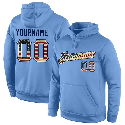 Custom Stitched Light Blue Vintage USA Flag-Cream Sports Pullover Sweatshirt Hoodie - Main View