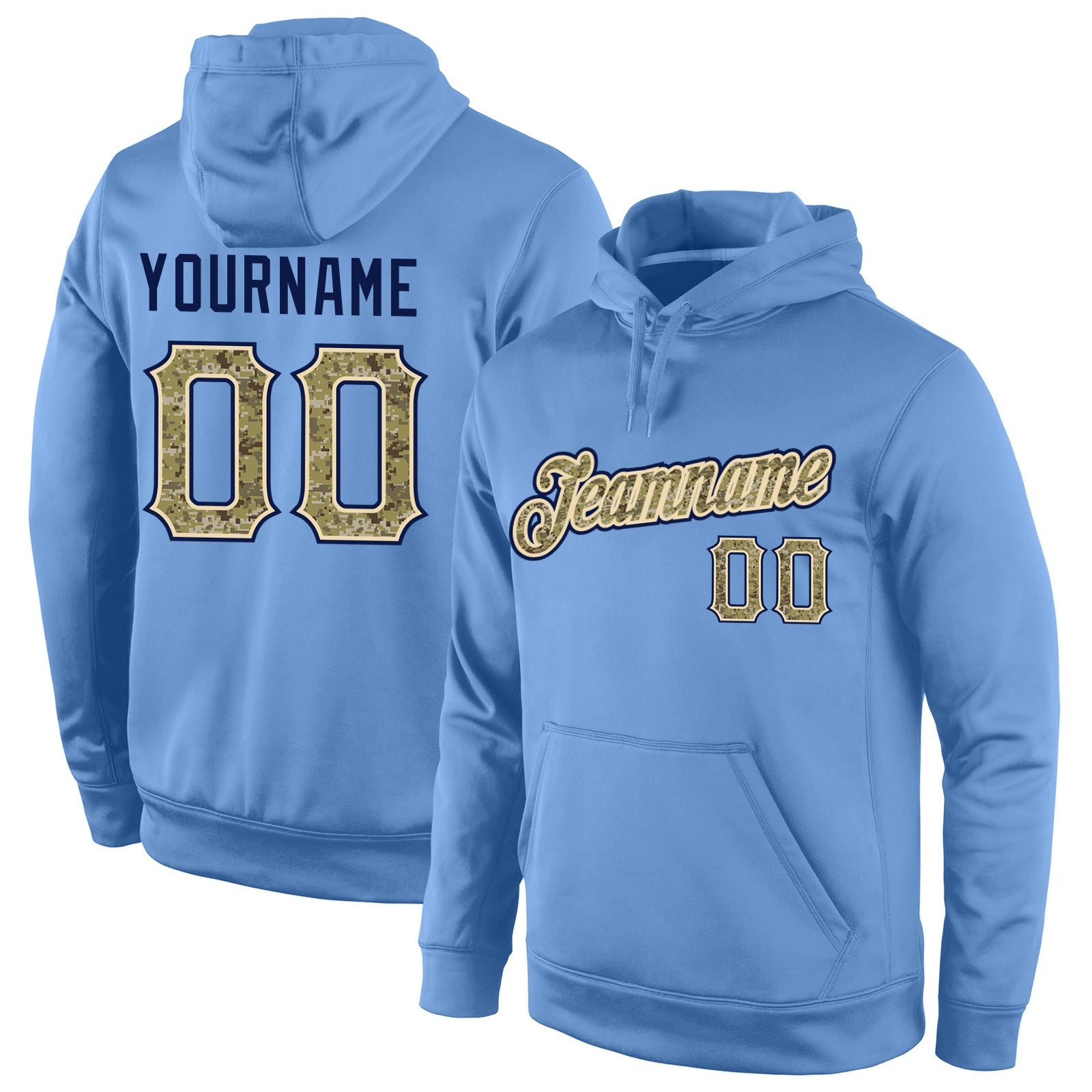 Custom Stitched Light Blue Camo-Navy Sports Pullover Sweatshirt Hoodie - Main View