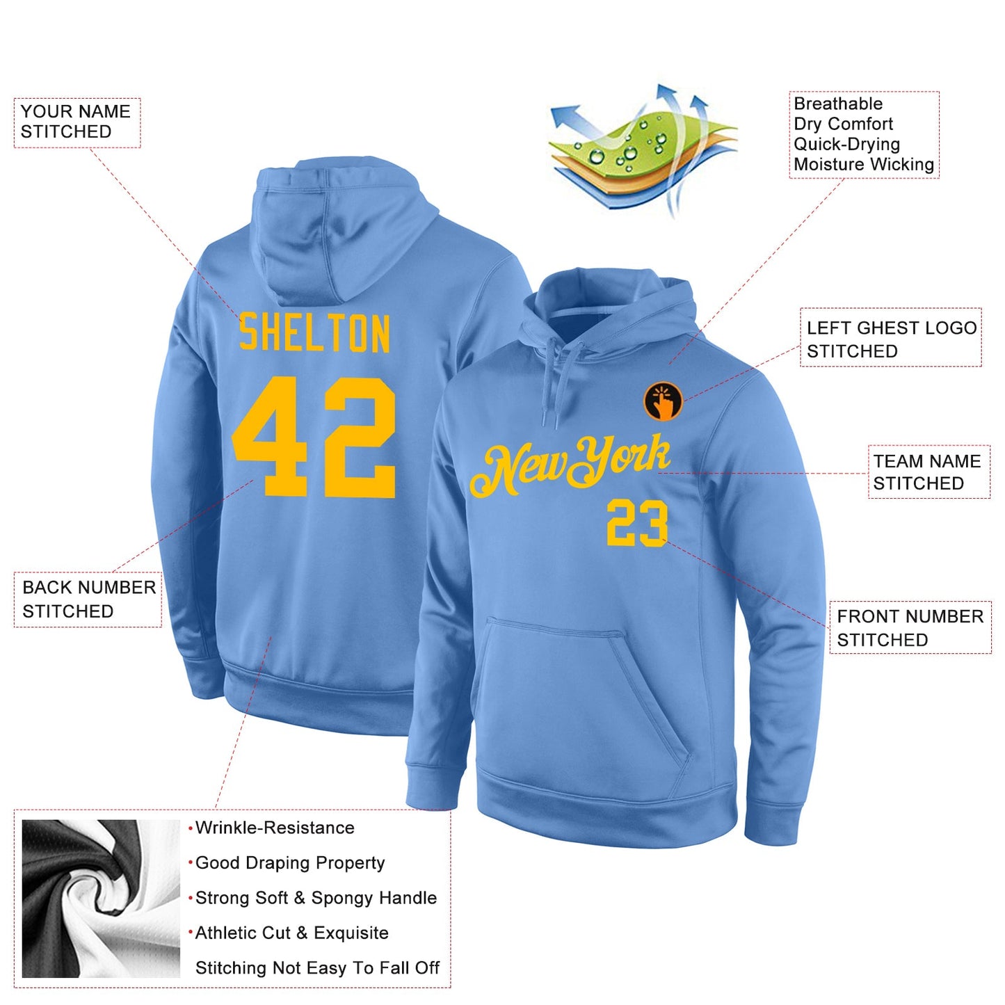 Custom Stitched Light Blue Gold Sports Pullover Sweatshirt Hoodie view 4