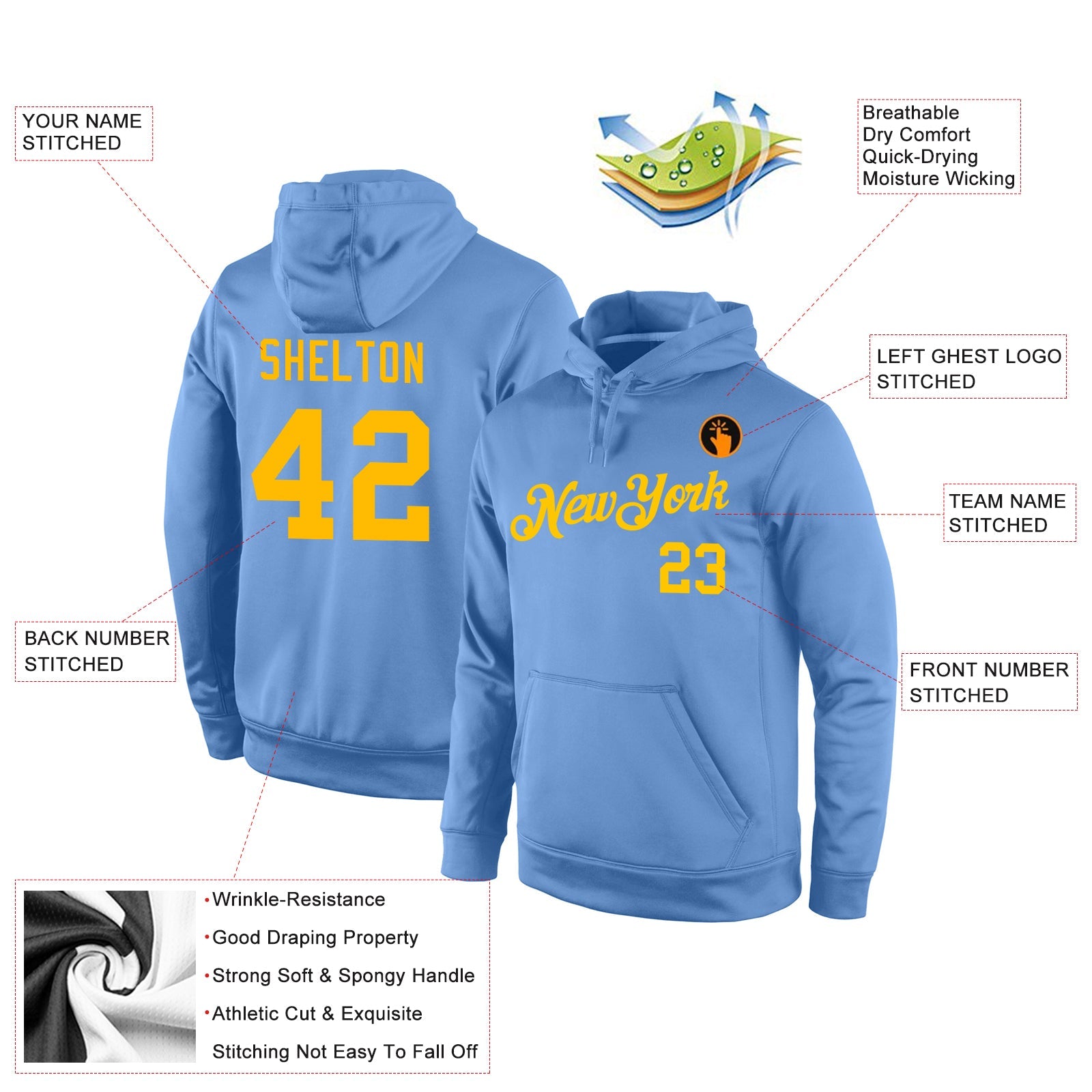 Custom Stitched Light Blue Gold Sports Pullover Sweatshirt Hoodie view 4