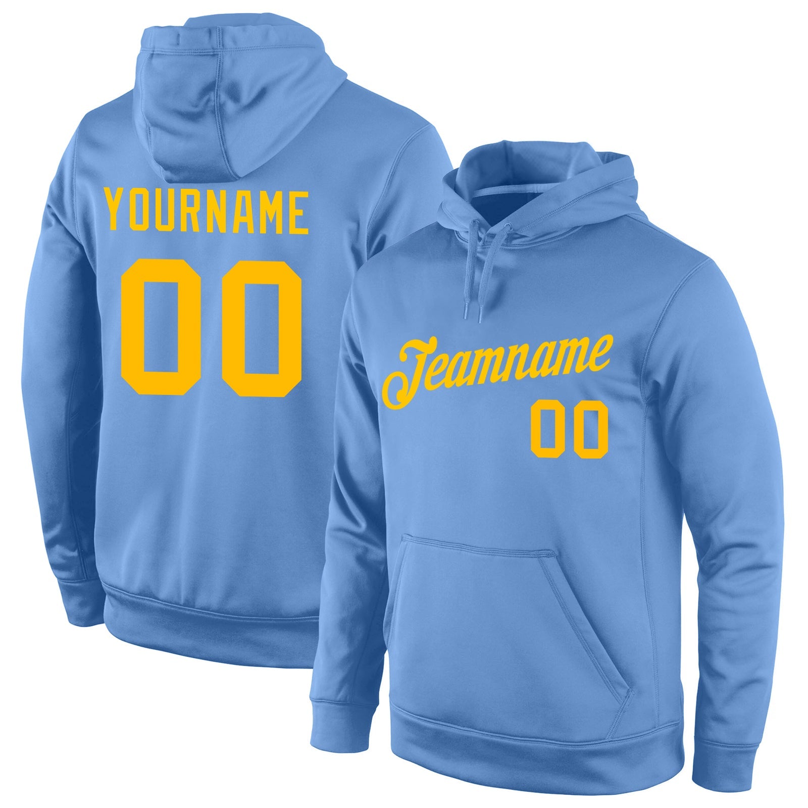 Custom Stitched Light Blue Gold Sports Pullover Sweatshirt Hoodie - Main View