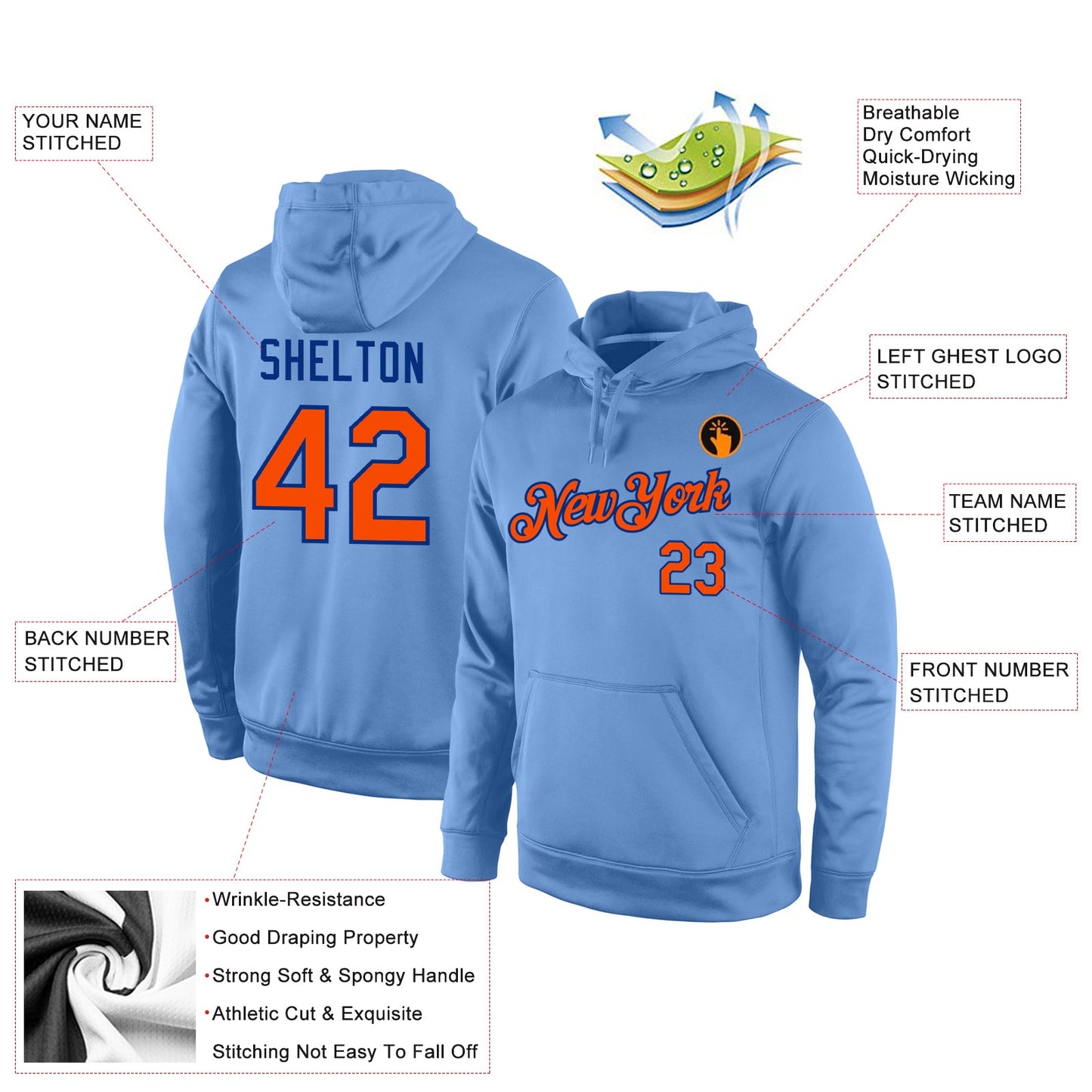 Custom Stitched Light Blue Orange-Royal Sports Pullover Sweatshirt Hoodie view 4