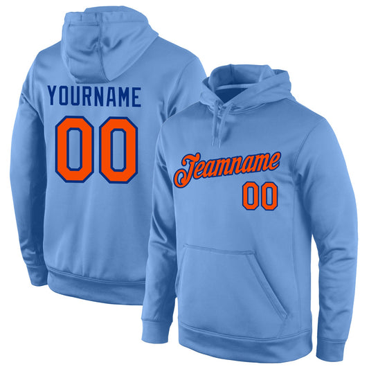 Custom Stitched Light Blue Orange-Royal Sports Pullover Sweatshirt Hoodie - Main View