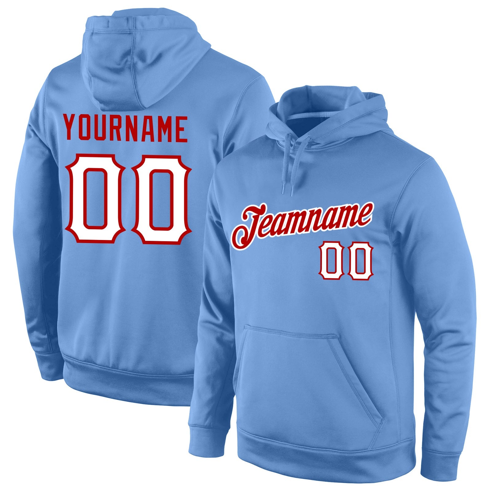 Custom Stitched Light Blue White-Red Sports Pullover Sweatshirt Hoodie - Main View