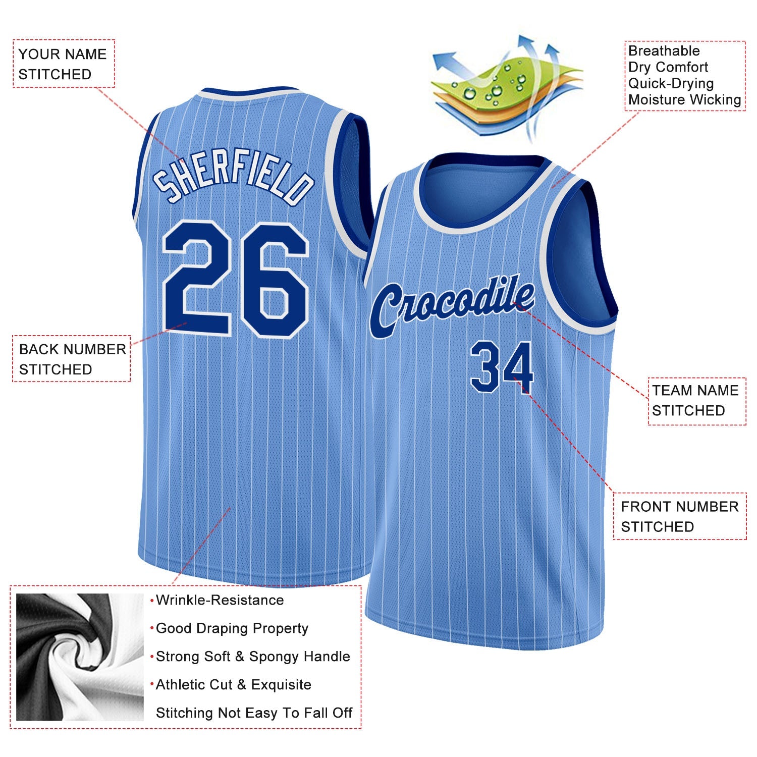 Custom Light Blue White Pinstripe Royal-White Authentic Basketball Jersey view 2