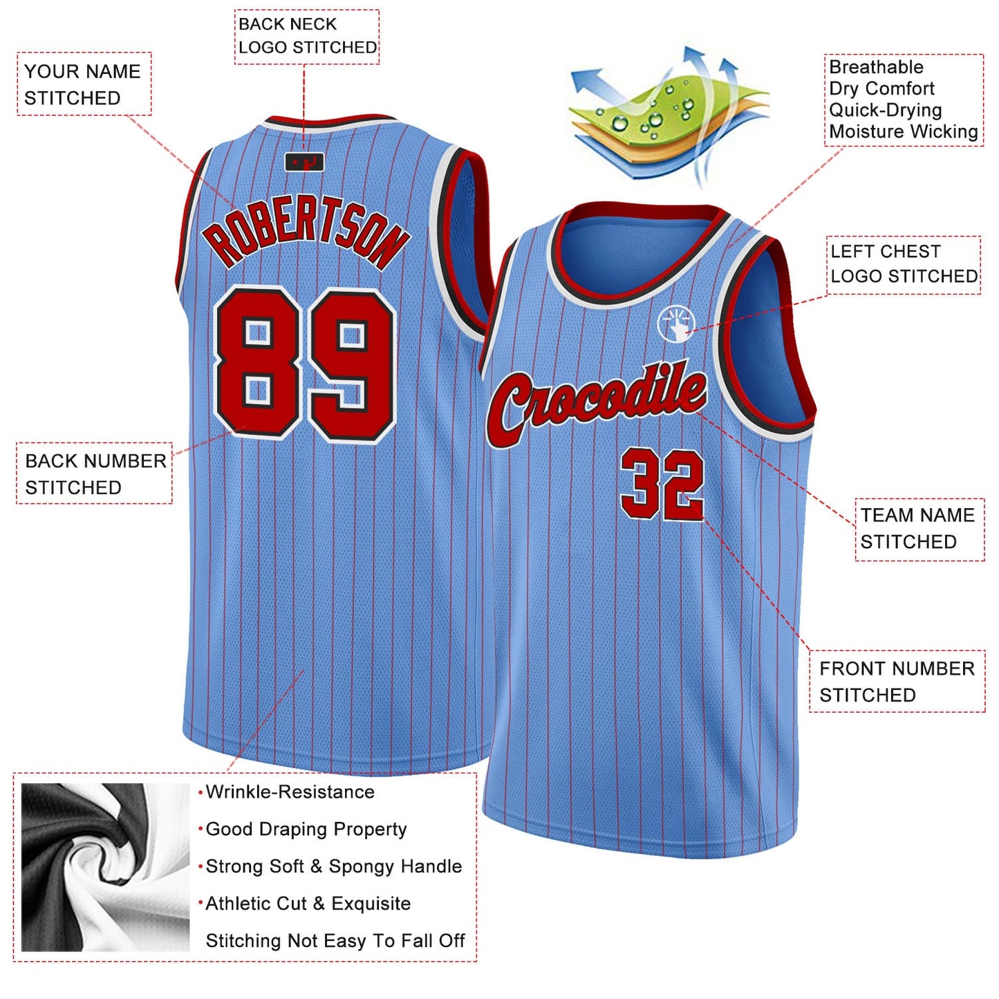Custom Light Blue Red Pinstripe Red-Black Authentic Basketball Jersey view 2