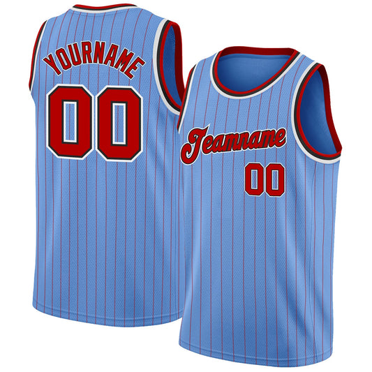 Custom Light Blue Red Pinstripe Red-Black Authentic Basketball Jersey - Main View