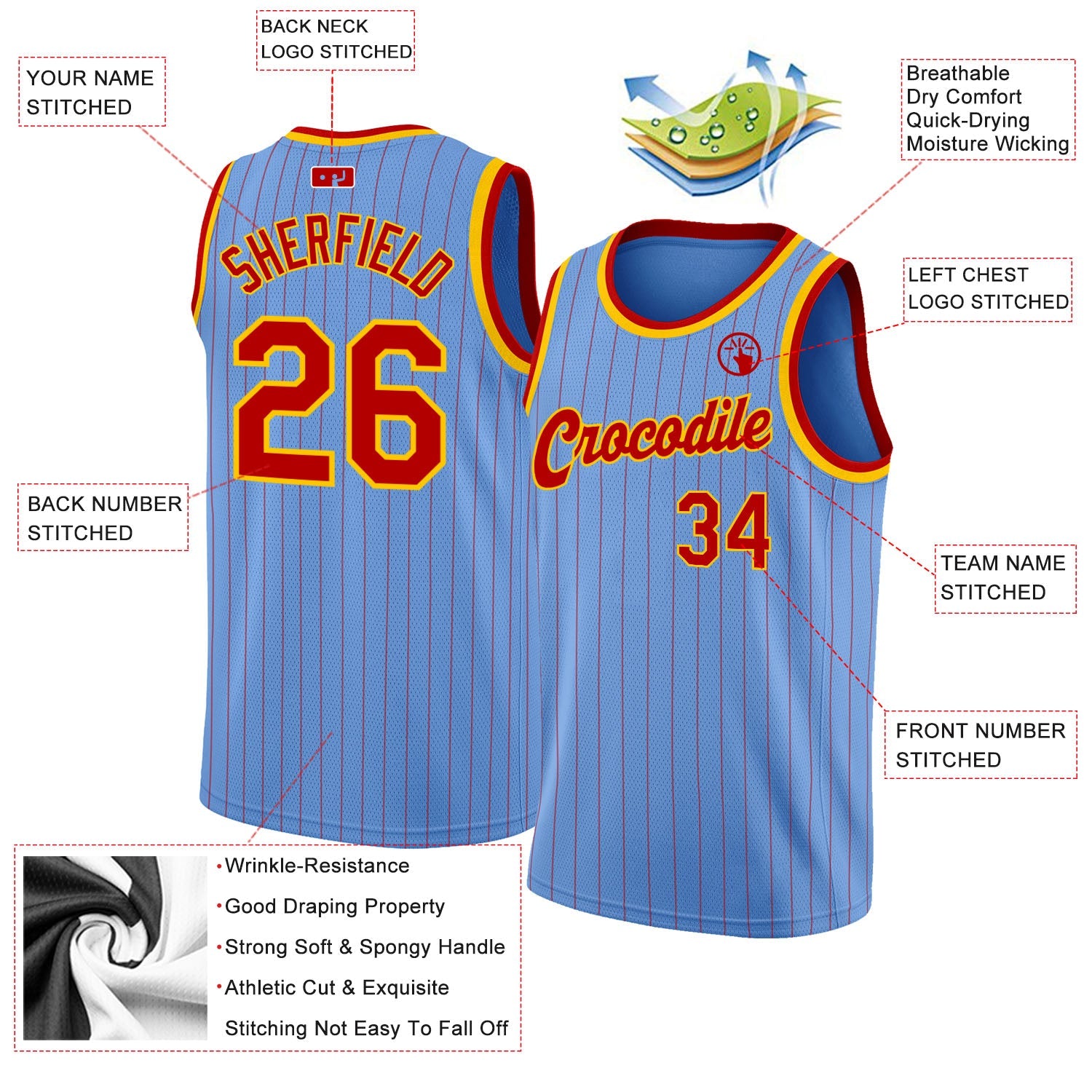 Custom Light Blue Red Pinstripe Red-Gold Authentic Basketball Jersey view 2