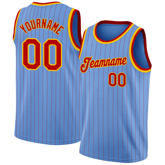 Custom Light Blue Red Pinstripe Red-Gold Authentic Basketball Jersey - Main View