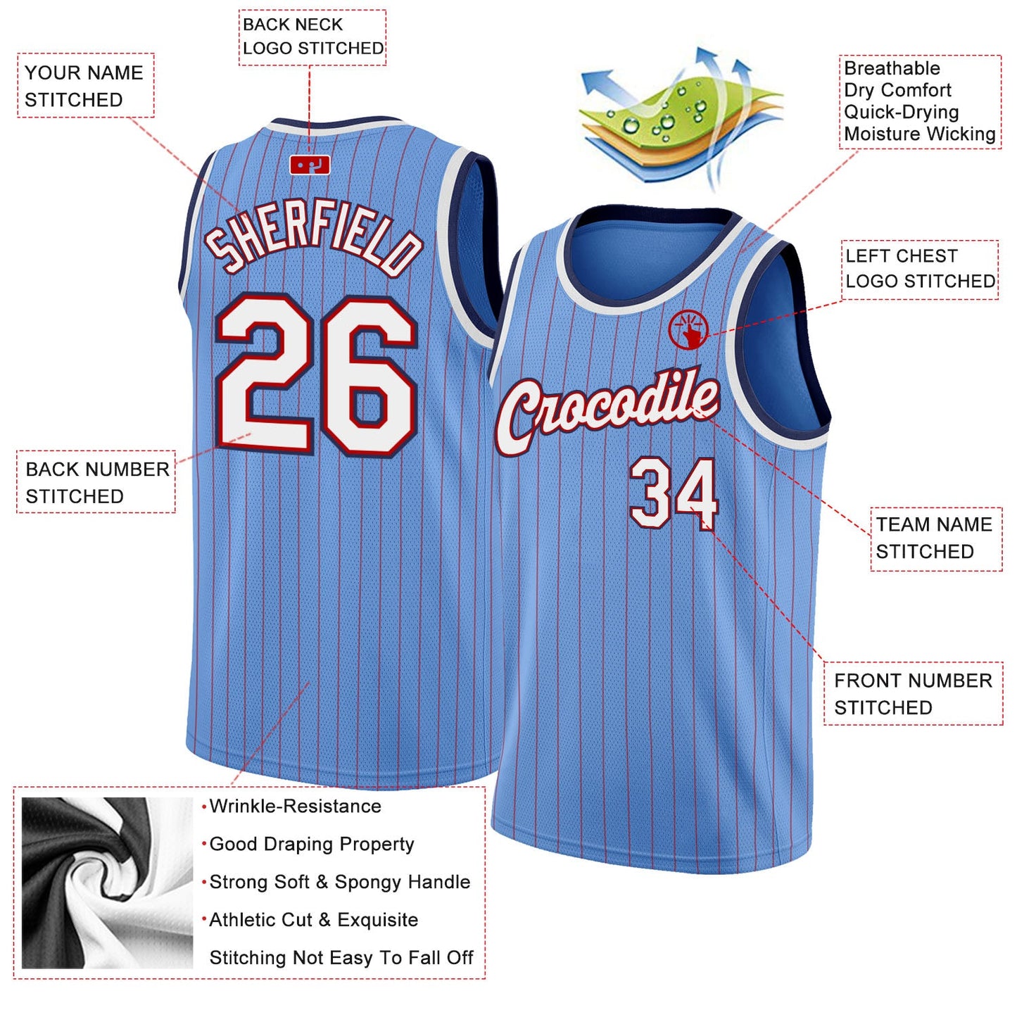 Custom Light Blue Red Pinstripe White-Navy Authentic Basketball Jersey view 2