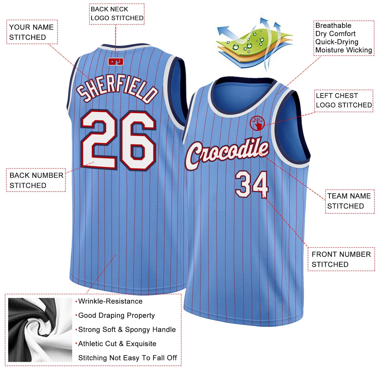 Custom Light Blue Red Pinstripe White-Navy Authentic Basketball Jersey view 2