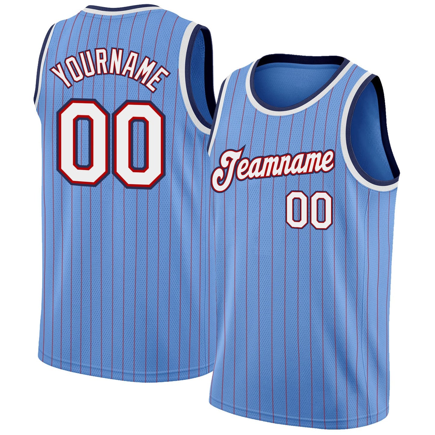 Custom Light Blue Red Pinstripe White-Navy Authentic Basketball Jersey - Main View