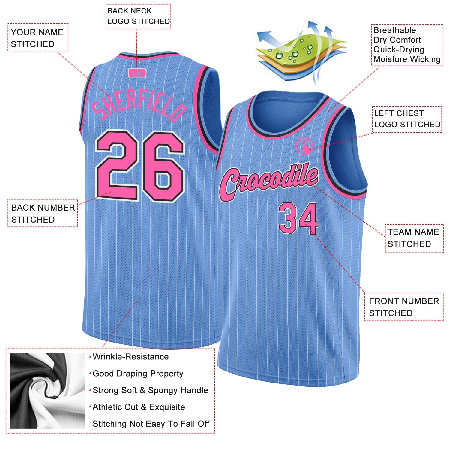 Custom Light Blue White Pinstripe Pink-Black Authentic Basketball Jersey view 2