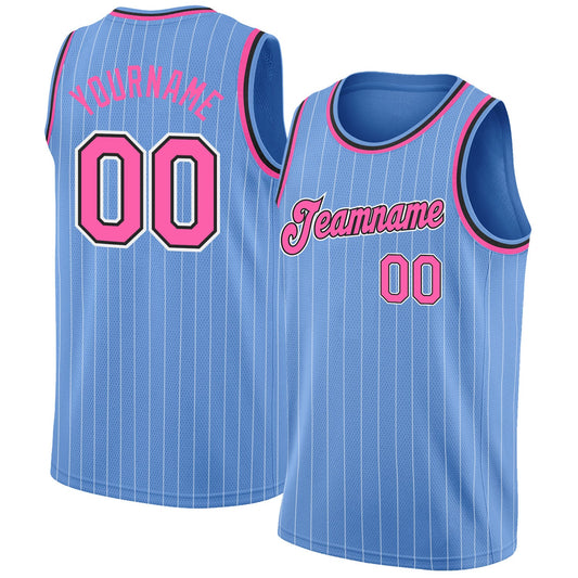 Custom Light Blue White Pinstripe Pink-Black Authentic Basketball Jersey - Main View