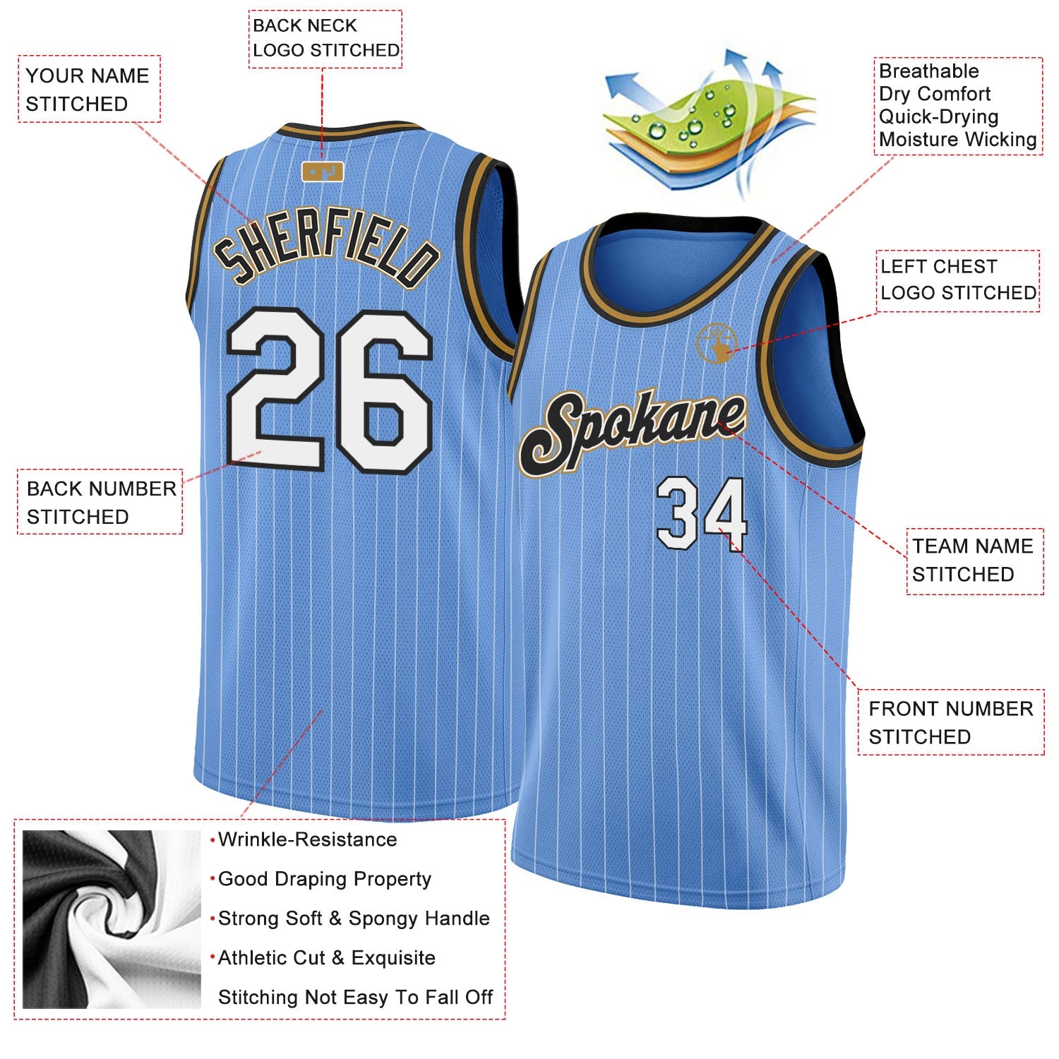 Custom Light Blue White Pinstripe White-Old Gold Authentic Basketball Jersey view 2