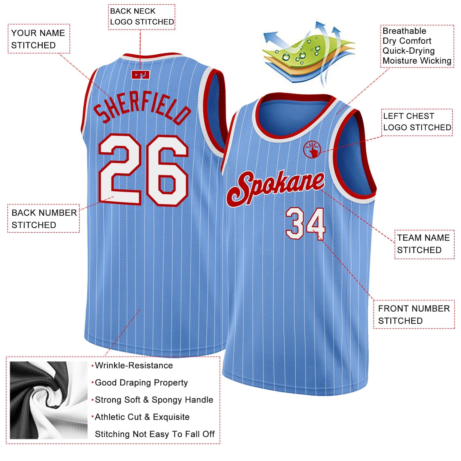 Custom Light Blue White Pinstripe White-Red Authentic Basketball Jersey view 2