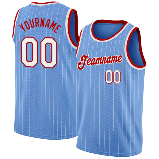 Custom Light Blue White Pinstripe White-Red Authentic Basketball Jersey - Main View