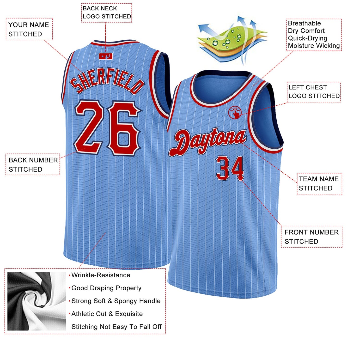 Custom Light Blue White Pinstripe Red-Navy Authentic Basketball Jersey view 2